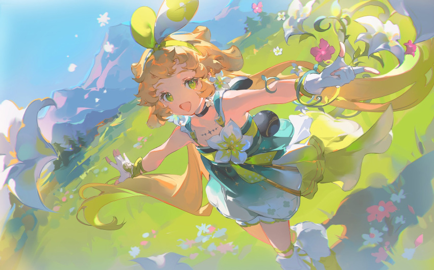 1girl blonde_hair child collar fingerless_gloves flower gloves green_eyes hair_flower hair_ornament happy headband highres landscape mountain skirt sky sleeveless verina_(wuthering_waves) white_gloves wuthering_waves yunouou10