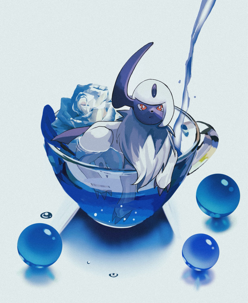 absol black_fur bright_pupils cup flower forehead_jewel highres oversized_object partially_submerged pokemon pokemon_(creature) red_eyes reo_(mmocc123) rose simple_background solo white_background white_flower white_fur white_pupils white_rose