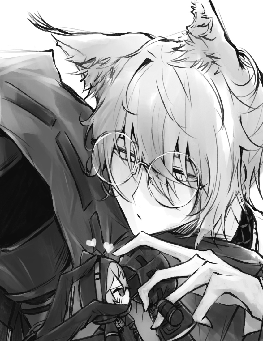 1boy 1other absurdres animal_ear_fluff animal_ears arknights bespectacled cat_boy cat_ears character_doll commentary_request doctor_(arknights) doll glasses head_on_another's_shoulder heart highres holding holding_doll hood hooded_jacket infection_monitor_(arknights) jacket mask mixed-language_commentary monochrome p_(hgdsisd) phantom_(arknights) short_hair sketch upper_body