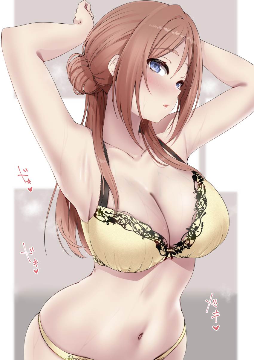 1girl :o absurdres armpits arms_up blue_eyes blurry blurry_background blush bra breasts brown_hair cleavage collarbone commentary_request gakuen_idolmaster highres himesaki_rinami idolmaster large_breasts lingerie long_hair murabito_c navel panties skindentation solo steaming_body stomach sweat underwear underwear_only yellow_bra yellow_panties