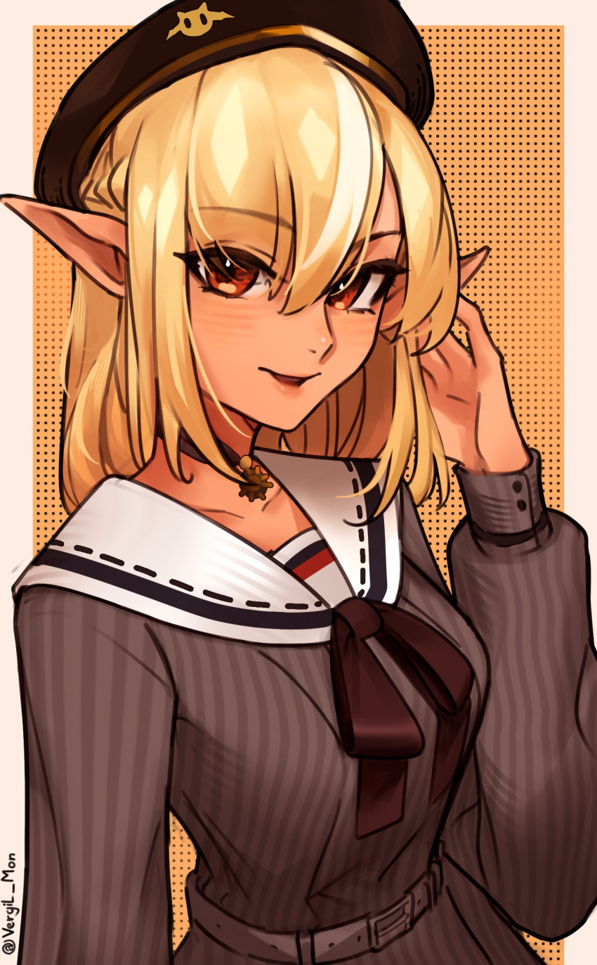 1girl blonde_hair blush border bow bowtie brown_bow brown_bowtie brown_headwear dress grey_dress hat highres hololive jewelry long_hair long_sleeves looking_at_viewer necklace pointy_ears red_eyes sailor_collar shiranui_flare signature smile solo striped striped_dress vergil_mon white_border white_sailor_collar