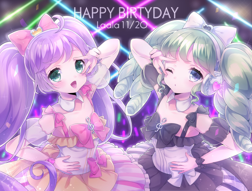 2girls :d absurdres ahoge aki_(akinyaaaaa) bare_shoulders bow character_name cosplay cowboy_shot detached_collar detached_sleeves dress falulu glowstick green_eyes green_hair grey_eyes hair_bow hand_on_own_hip hand_up happy_birthday headphones highres idol_clothes kashikoma! long_hair looking_at_viewer manaka_laala manaka_laala_(cosplay) multicolored_clothes multicolored_dress multiple_girls one_eye_closed open_mouth penlight_(glowstick) pink_bow pretty_series pripara puffy_detached_sleeves puffy_sleeves purple_hair sidelocks smile stage_lights standing symmetrical_pose treble_clef twintails very_long_hair w w_over_eye white_bow