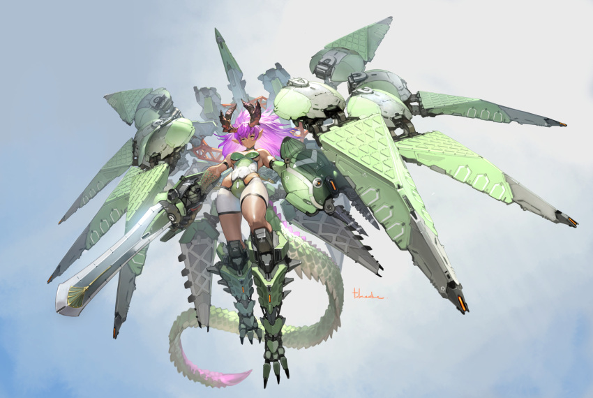 armband bare_shoulders bike_shorts dragon_girl frown gradient gradient_background highres horns long_hair looking_at_viewer mecha_musume mechanical_wings original pink_hair pointy_ears scales serious signature skin_tight sword tail takayama_toshiaki weapon wings yellow_eyes