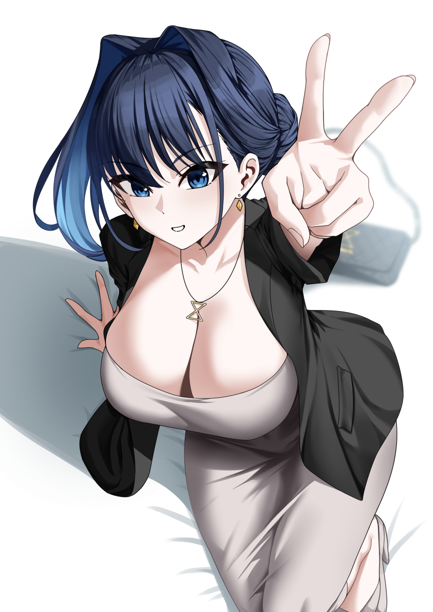 1girl absurdres arm_support bag black_jacket blazer blue_eyes blue_hair breasts cleavage dongtan_dress dress earrings foreshortening gradient_hair grey_dress grey_footwear grin hair_bun hair_intakes handbag highres hololive hololive_english jacket jewelry large_breasts looking_at_viewer meme_attire multicolored_hair necklace open_clothes open_jacket ouro_kronii scoop_neck short_hair sitting smile solo taut_clothes taut_dress tewaki v virtual_youtuber