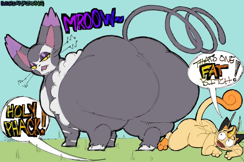 2024 angry bedroom_eyes big_butt blue_background butt curled_tail dialogue duo female feral fur generation_1_pokemon generation_4_pokemon gradient_background grey_body grey_fur hi_res larger_female male meowth narrowed_eyes nintendo open_mouth overweight overweight_female pokemon pokemon_(species) purple_ears purugly seductive simple_background size_difference slightly_chubby speech_bubble sushiamazing tail tan_body tan_fur text white_body white_fur