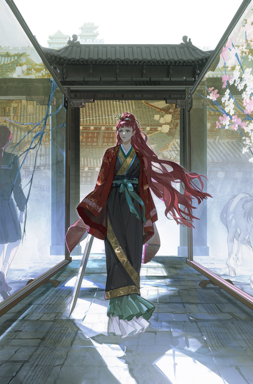 1girl architecture black_robe black_serafuku blunt_bangs braid braided_ponytail chinese_clothes cloak crack cracked_glass day different_reflection east_asian_architecture floating_hair frills full_body gate gold_trim green_eyes hair_ornament hair_stick hallway hanfu highres holding holding_sword holding_weapon juuni_kokuki keiki_(juuni_kokuki) kirin_(juuni_kokuki) krakiria long_hair looking_to_the_side mirror nakajima_youko ponytail red_cloak red_hair reflection robe sash school_uniform serafuku shoes single_braid socks solo sword very_long_hair walking weapon white_socks