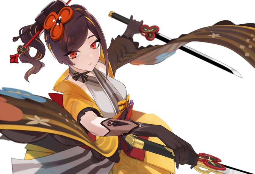 1girl bare_shoulders black_gloves brown_hair chiori_(genshin_impact) dual_wielding elbow_gloves genshin_impact gloves hair_ornament hairpin highres holding japanese_clothes katana kimono lempika long_sleeves looking_at_viewer medium_hair obi red_eyes sash skirt solo sword weapon wide_sleeves yellow_kimono