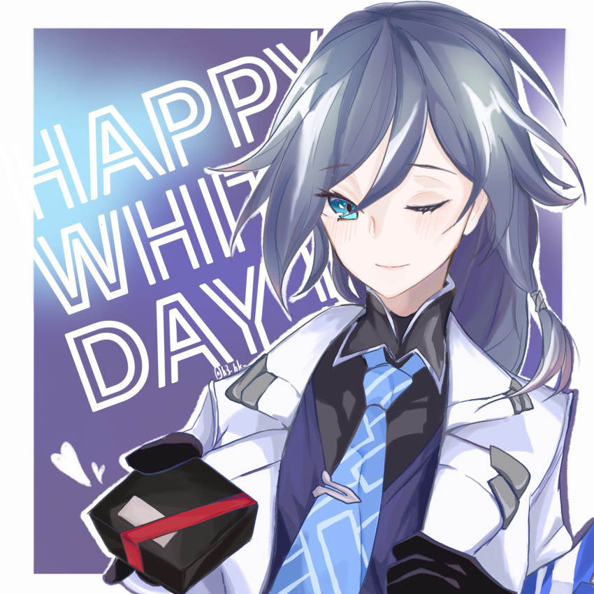 1girl black_gloves black_shirt blue_eyes blue_hair blue_necktie blue_shirt border box closed_mouth english_text fu_hua fu_hua_(night_squire) gift gift_box gloves grey_hair h3_hk hair_between_eyes hand_up happy_white_day heart highres holding holding_gift honkai_(series) honkai_impact_3rd jacket long_hair long_sleeves low-tied_long_hair low_ponytail necktie one_eye_closed open_clothes open_jacket ponytail print_necktie purple_background red_ribbon ribbon shirt smile solo suit white_border white_jacket white_suit