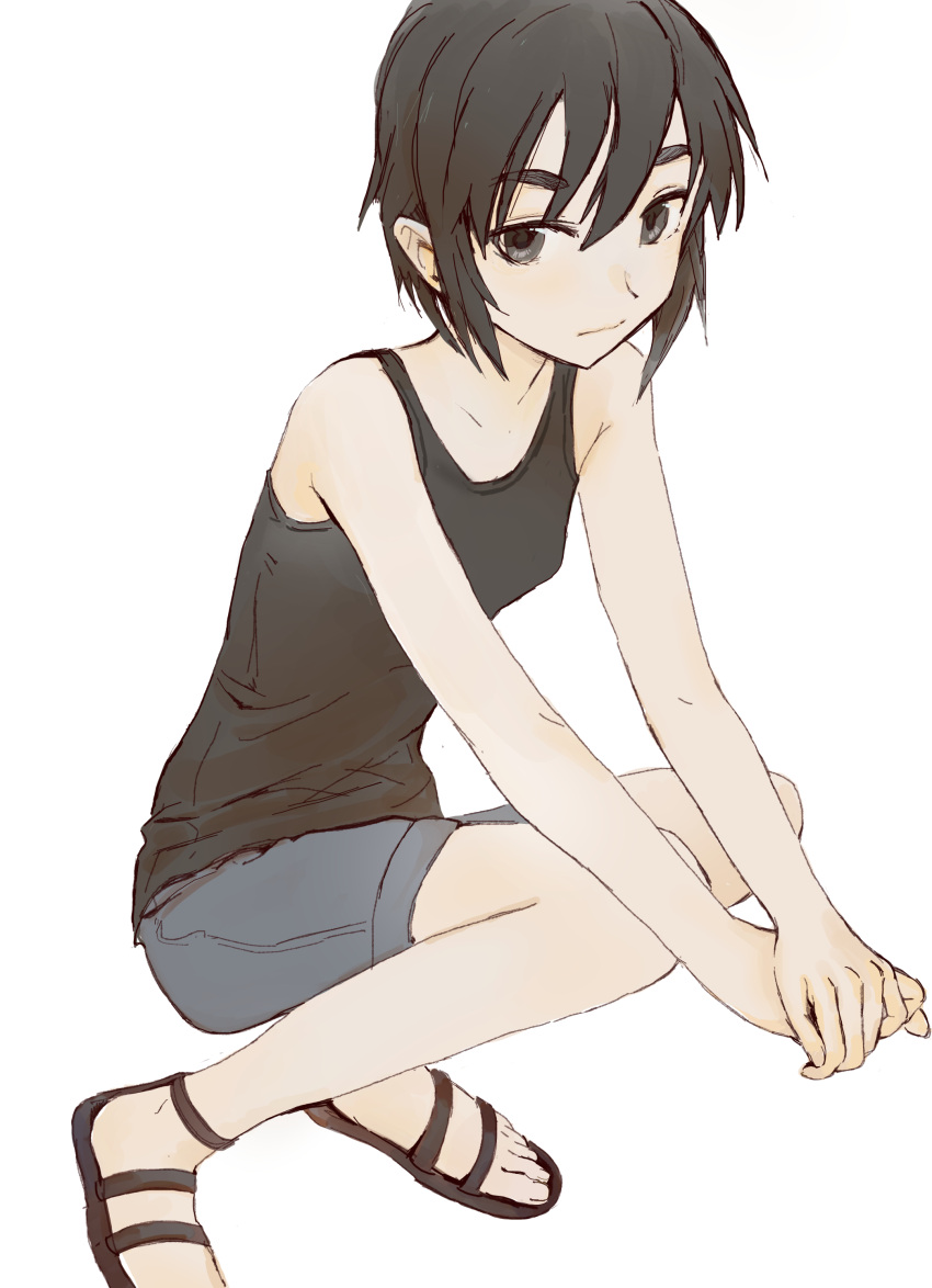 1girl absurdres arms_on_knees bare_shoulders black_eyes black_footwear black_hair black_tank_top blue_shorts breasts closed_mouth collarbone commentary denim denim_shorts expressionless feason hair_between_eyes highres kagawa_rin own_hands_together romaji_commentary sandals short_hair shorts simple_background small_breasts solo soredemo_ayumu_wa_yosetekuru squatting tank_top thick_eyebrows toes v_arms white_background