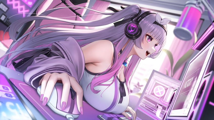 1girl bare_shoulders black_choker blush breast_rest breasts breasts_on_table cellphone chair choker commentary_request curtains desk dutch_angle gaming_chair headband headphones heart heart_choker highres huge_breasts indie_virtual_youtuber keyboard_(computer) long_hair looking_at_screen microphone monitor mouse_(computer) off_shoulder open_mouth phone purple_eyes purple_hair purple_nails purple_ribbon ribbon shiu_alia smartphone solo suraimu_(suraimuraimu) swivel_chair tank_top two_side_up window