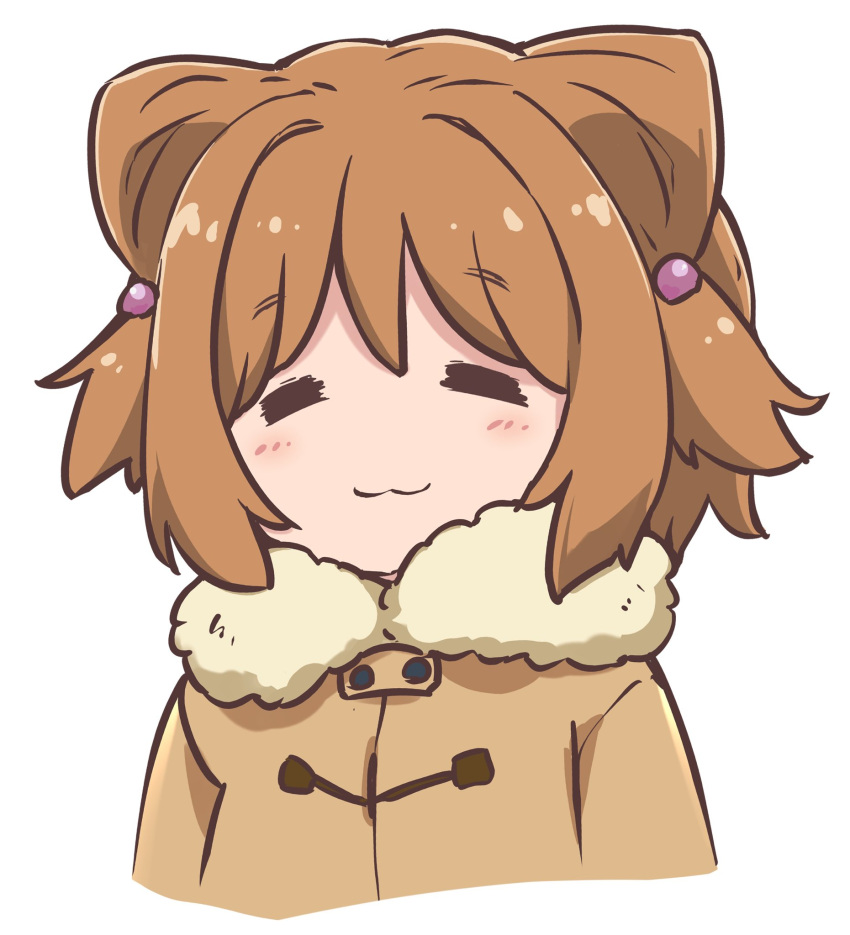 1girl :3 animal_ears brown_coat brown_hair closed_eyes coat commentary dog_ears fur_trim girls_und_panzer hair_ears hair_ornament hazuki_haru highres portrait short_hair solo yuuko_(girls_und_panzer)