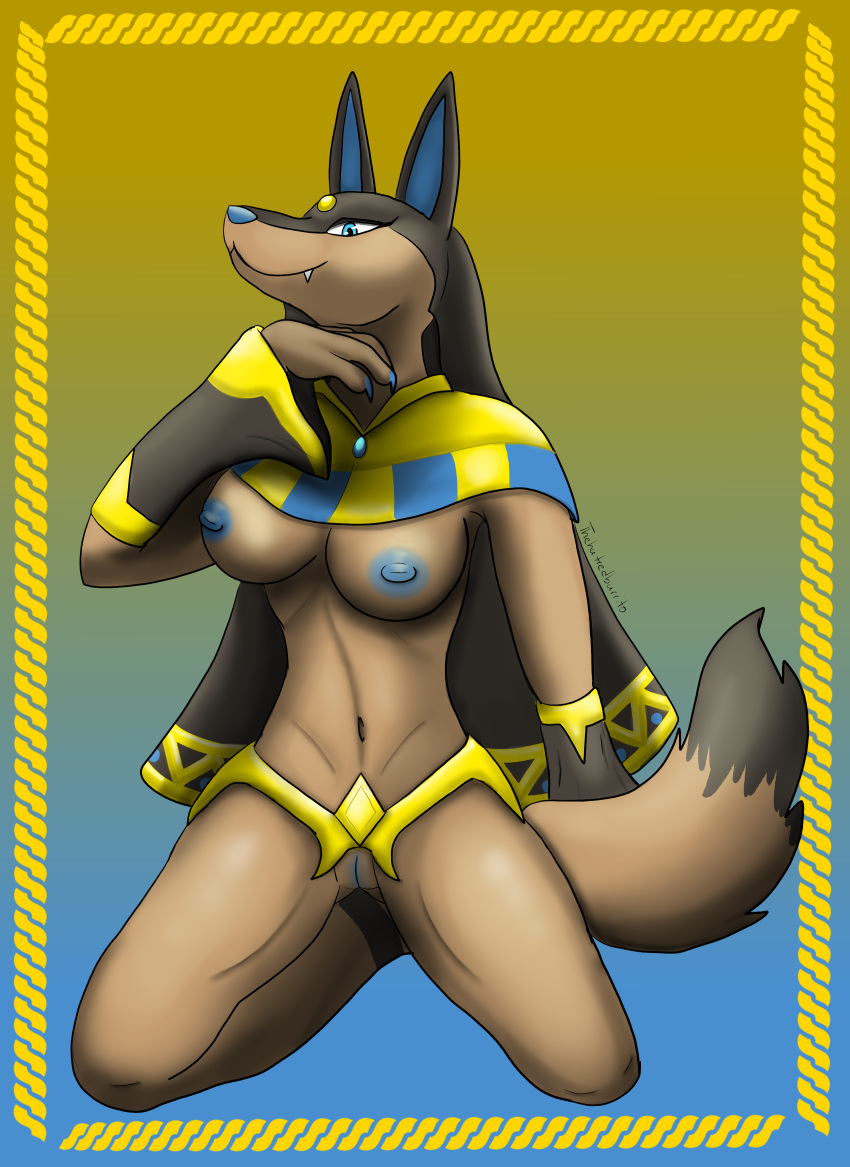 absurd_res anthro anubis blue_eyes blue_nipples breasts brown_body brown_fur canid canine canis deity egyptian_mythology female fur gold hi_res jackal mammal middle_eastern_mythology mythology nipples palworld pinup pocketpair pose solo thehatredburrito