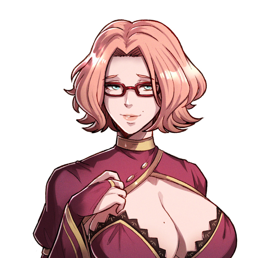 1girl alternate_hair_length alternate_hairstyle blue_eyes breasts bridal_gauntlets commission cornelia_arnim fire_emblem fire_emblem:_three_houses glasses gzei highres huge_breasts large_breasts lipstick makeup mole pink_hair pink_lips red-framed_eyewear second-party_source