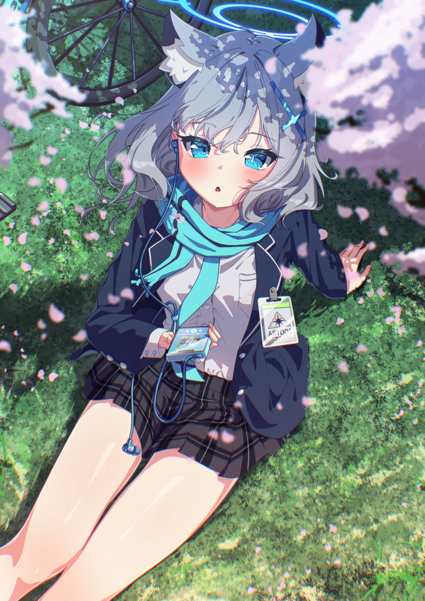 1girl :&lt; absurdres animal_ear_fluff animal_ears aqua_scarf arm_support bare_legs bicycle black_skirt blue_archive blue_jacket blush buttons cherry_blossoms commentary cross_hair_ornament earbuds earphones falling_petals from_above grass grey_hair hair_ornament halo highres jacket looking_at_viewer marimo_daifuku medium_hair mismatched_pupils name_tag on_grass open_clothes open_jacket open_mouth petals plaid plaid_skirt pleated_skirt scarf shiroko_(blue_archive) shirt sitting skirt solo thigh_gap thighs walkman white_shirt wolf_ears