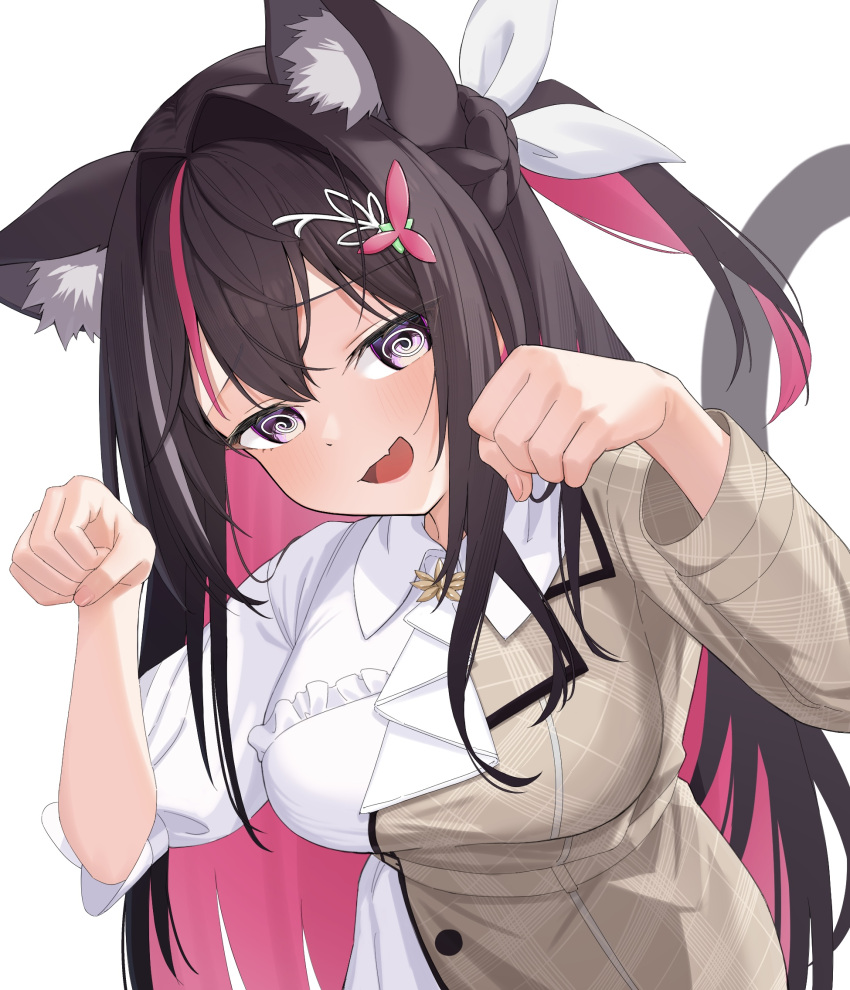 1girl @_@ ai_(u_e_o_o) animal_ear_fluff animal_ears azki_(4th_costume)_(hololive) azki_(hololive) black_hair blush breasts cat_ears cat_girl cat_tail colored_inner_hair dress fang hair_between_eyes hair_intakes hair_ornament hairclip hands_up highres hololive large_breasts long_hair looking_at_viewer multicolored_hair official_alternate_costume open_mouth pink_hair purple_eyes simple_background skin_fang smile solo streaked_hair tail upper_body virtual_youtuber white_background white_dress white_hair