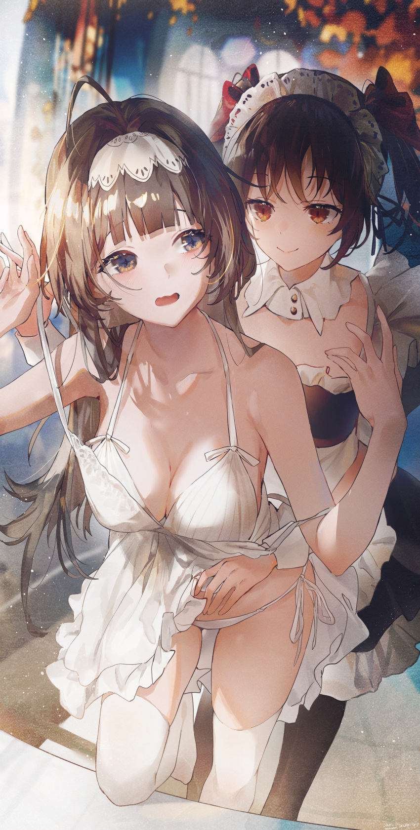 2girls absurdres ahoge blue_eyes bow breasts brown_hair cleavage commentary cross-shaped_pupils dated detached_collar dress frilled_dress frills hair_bow highres large_breasts long_hair maid maid_headdress multiple_girls open_mouth orange_eyes original panties red_bow side-tie_panties signature smile strap_slip swkl:d symbol-shaped_pupils thighhighs twintails underwear undressing_another white_dress white_panties white_thighhighs yuri