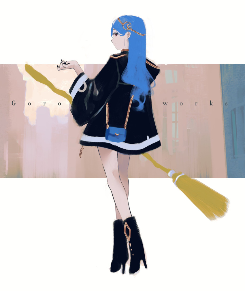 1girl bare_legs black_footwear black_jacket black_nails blue_bag blue_hair boots broom chain chain_headband closed_mouth commentary from_behind full_body gold_chain goroku hair_behind_ear hand_up high_heel_boots high_heels highres holding holding_broom jacket long_hair long_sleeves looking_at_viewer looking_back original profile red_eyes solo standing thighs white_background wide_sleeves zipper_pull_tab