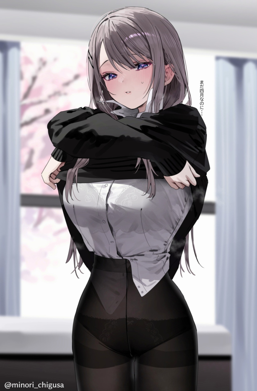 1girl black_pantyhose black_sweater blue_eyes blurry blurry_background bra_visible_through_clothes breasts cherry_blossoms chigusa_minori collared_shirt commentary_request dress_shirt grey_hair hair_ornament hairclip high-waist_pantyhose highres indoors large_breasts long_hair long_sleeves panties panties_under_pantyhose pantyhose parted_lips saotome_shino_(shino_to_ren) shino_to_ren shirt sidelocks solo sweatdrop sweater thighband_pantyhose translation_request twitter_username underwear undressing white_shirt window