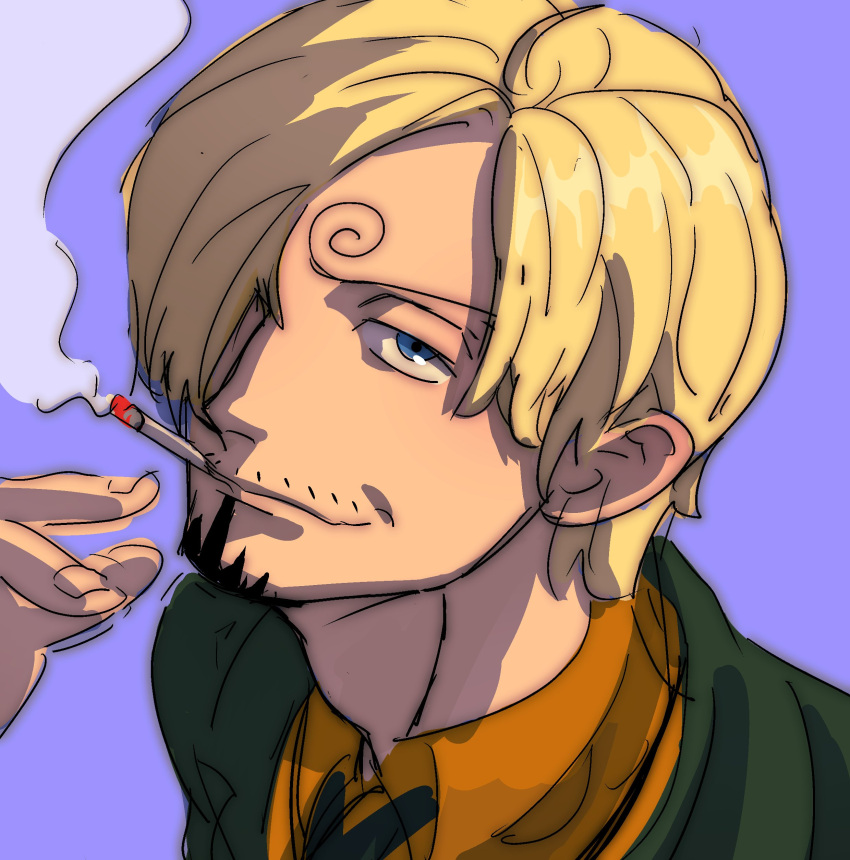 1boy absurdres black_jacket black_necktie blonde_hair blue_eyes cigarette curly_eyebrows english_commentary facial_hair hair_over_one_eye highres jacket long_sleeves male_focus mouth_hold necktie one_piece orange_shirt purple_background rita_ya sanji_(one_piece) shirt short_hair smirk smoke smoking solo