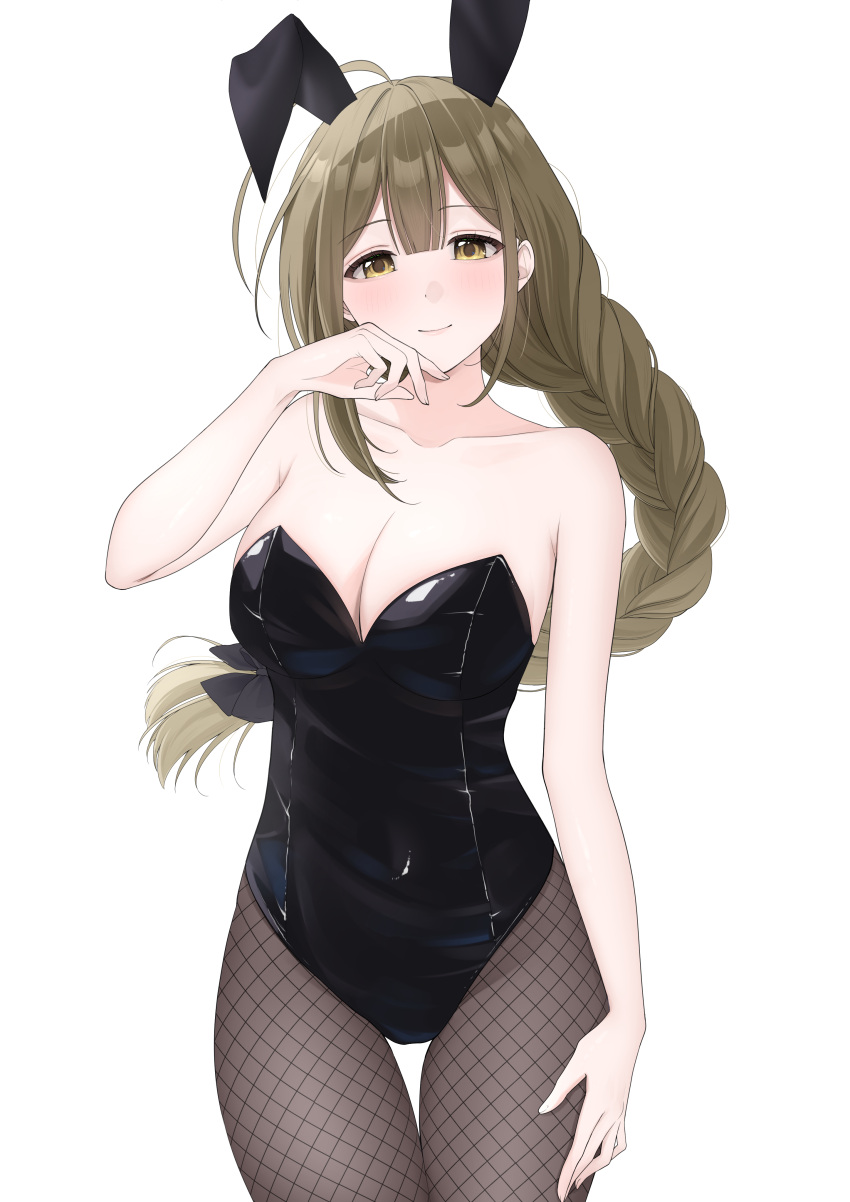 1girl absurdres alternate_costume animal_ears black_leotard black_pantyhose blush braid braided_ponytail breasts brown_hair cleavage collarbone fake_animal_ears fishnet_pantyhose fishnets highres idolmaster idolmaster_shiny_colors kuwayama_chiyuki large_breasts leotard long_braid looking_at_viewer pantyhose playboy_bunny rabbit_ears sayosayo-0 simple_background smile solo strapless strapless_leotard thigh_gap white_background