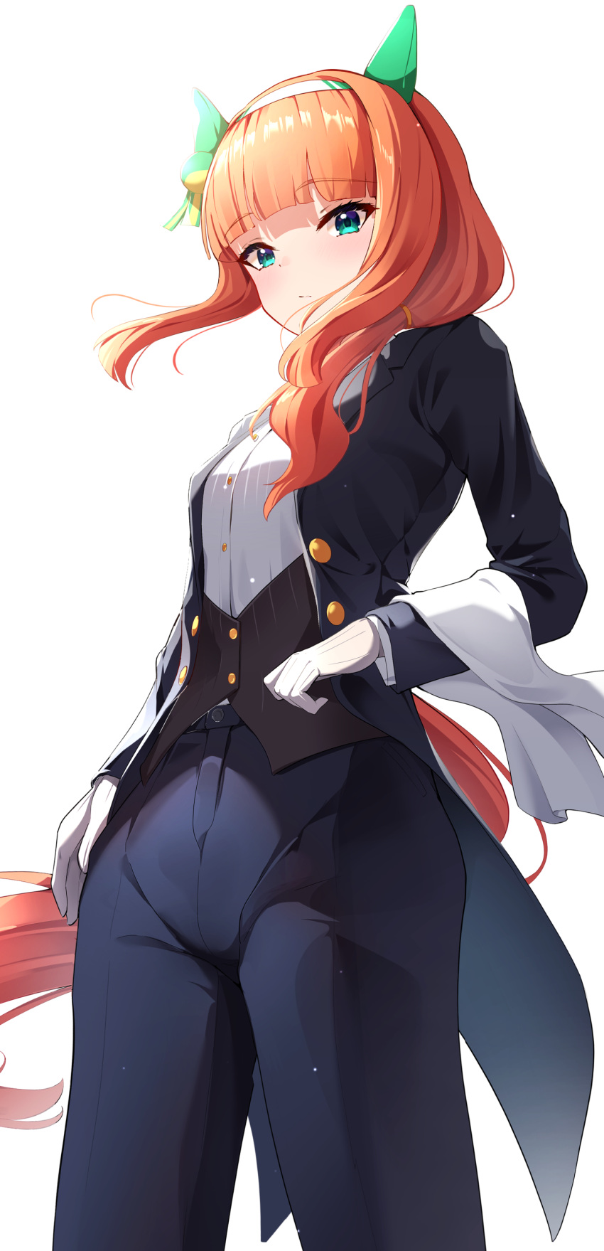 1girl absurdres animal_ears aqua_eyes black_pants butler buttons closed_mouth commentary_request cowboy_shot double-breasted ear_covers ear_ornament gloves hairband highres horse_ears horse_girl horse_tail long_sleeves looking_at_viewer medium_hair orange_hair pants silence_suzuka_(umamusume) simple_background solo sunny_(20597521) tail tailcoat umamusume vest white_background white_gloves white_hairband