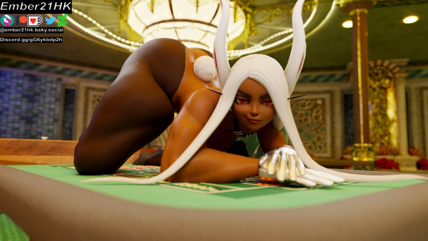 1girl 3d animal_ears ass black_footwear blender_(medium) boku_no_hero_academia brown_pantyhose casino dark-skinned_female dark_skin detached_collar ember21hk gloves highres long_eyelashes long_hair looking_at_viewer mirko muscular muscular_female no_pants on_table pantyhose playboy_bunny rabbit_ears rabbit_girl rabbit_tail red_eyes smirk solo table tail thick_thighs thighs toned top-down_bottom-up topless white_gloves white_hair