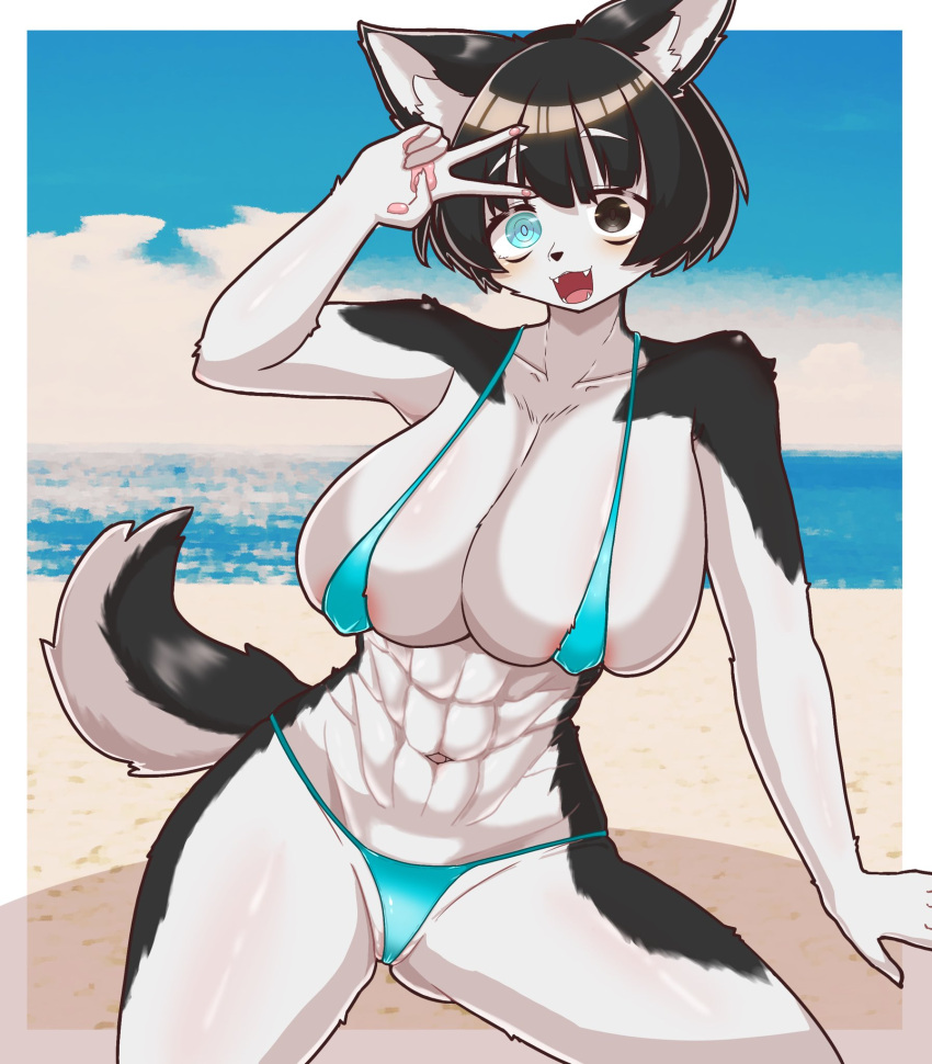 2024 5_fingers abs anthro areola areola_slip athletic athletic_anthro athletic_female beach big_breasts bikini bikini_thong biped black_body black_eyes black_fur black_hair blue_bikini blue_clothing blue_eyes blue_swimwear blush bodily_fluids breasts camel_toe canid canine canis clothed clothing cloud collarbone domestic_dog eyebrow_through_hair eyebrows fangs female fingers fur gesture hair hand_gesture hand_on_ground heterochromia hi_res huge_breasts inner_ear_fluff kemono mammal micro_bikini moko_(shi_modoke) motion_lines multicolored_body navel neck_muscles open_mouth partially_visible_vulva pawpads pink_areola portrait sagging_breasts sea seaside sitting solo string_bikini sweat swimwear tail teeth three-quarter_portrait tight_clothing translucent translucent_hair tuft two_tone_body v_sign vector_miso water white_body white_fur