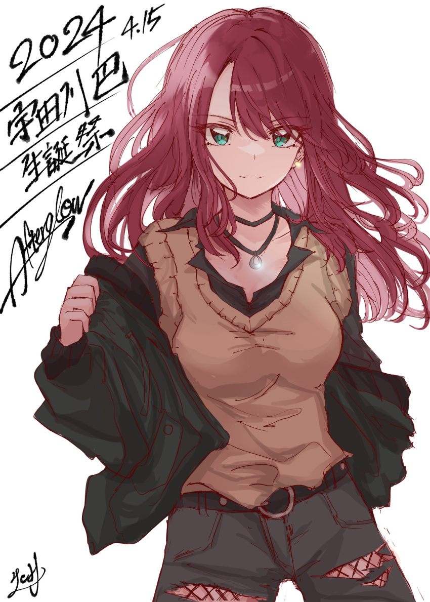 1girl bang_dream! belt belt_buckle black_belt black_choker black_shirt breasts brown_sweater_vest buckle choker closed_mouth collared_shirt commentary_request cowboy_shot dated earrings fishnets floating_hair green_eyes green_jacket happy_birthday highres ic21_(00lagann) jacket jewelry long_hair looking_at_viewer medium_breasts necklace off_shoulder open_clothes open_jacket pants red_hair shirt simple_background solo sweater_vest torn_clothes torn_pants translation_request udagawa_tomoe white_background