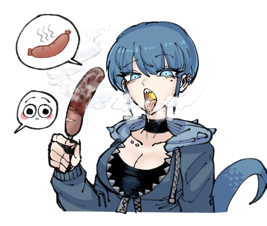 black_choker black_shirt blue_eyes blue_hoodie breasts choker cleavage cooking cropped_torso earrings eating fire from_side highres holding holding_stick hood hood_down hoodie hot_dog jewelry kame-chan_(oligogi_meoggosipda) lip_piercing lizard_tail looking_at_viewer medium_breasts mole mole_under_eye musical_note oligogi_meoggosipda oral original parted_lips piercing ribbon_choker saliva saliva_trail shirt short_hair simple_background speech_bubble spoken_musical_note steam stick stud_earrings tail tomboy tongue tongue_out white_background zipper_pull_tab