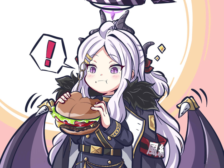 ! 1girl :t armband belt black_coat blue_archive burger coat coat_on_shoulders commentary_request demon_girl demon_horns demon_wings eating food food_on_face forehead fur-trimmed_coat fur_trim hair_ornament hair_ribbon hairclip half_updo halo happy highres hina_(blue_archive) holding holding_food horns long_hair long_sleeves looking_at_viewer open_clothes open_coat parted_bangs purple_eyes red_armband ribbon sam_browne_belt sidelocks simple_background solo spoken_exclamation_mark surprised two-tone_background wavy_hair white_hair wings yukimi_unagi