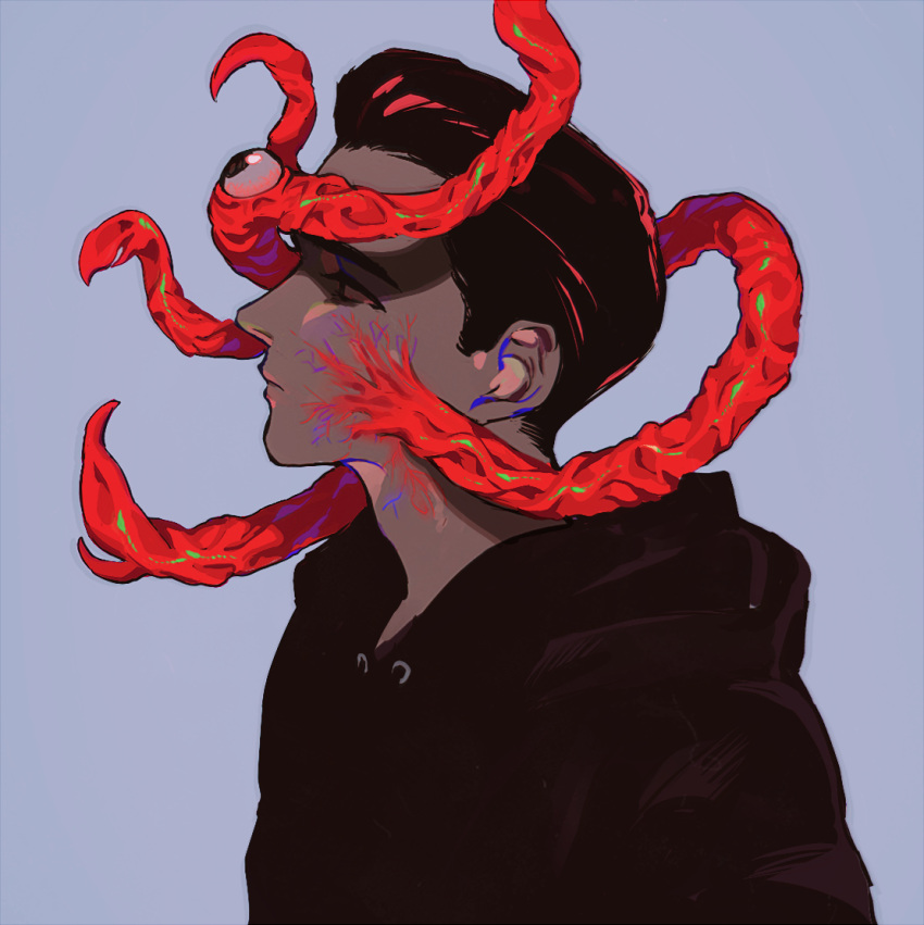 1boy animification ben_hargreeves black_hoodie brown_hair closed_mouth from_side hood hood_down hoodie light_blue_background male_focus qin_(7833198) shaded_face short_hair simple_background solo tentacles the_umbrella_academy upper_body