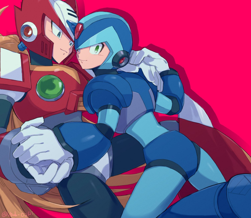 2boys armor blonde_hair blue_armor blue_eyes blue_helmet chest_jewel forehead_jewel green_eyes highres holding_hands long_hair mega_man_(series) mega_man_x_(series) multiple_boys pink_background red_armor red_helmet shoulder_armor vsub_01 x_(mega_man) yaoi zero_(mega_man)