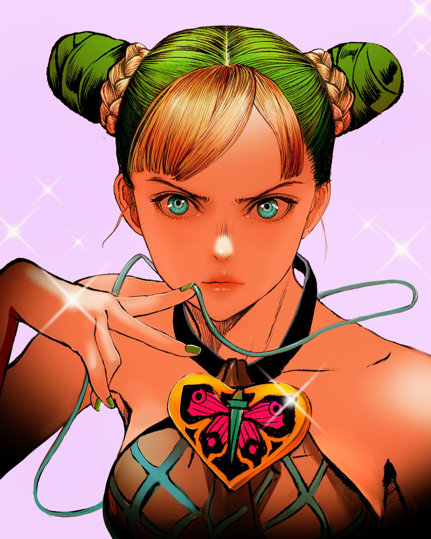 1girl alternate_hair_color alternate_hairstyle aqua_eyes bare_shoulders berserk blonde_hair blue_eyes braid breasts brooch cosplay double_bun farnese_(berserk) fishnet_top fishnets green_hair green_nails grey_background hair_bun halterneck hand_up heart heart_brooch highres jewelry jojo_no_kimyou_na_bouken kujo_jolyne kujo_jolyne_(cosplay) looking_at_viewer multicolored_hair nail_polish nisino2222 sleeveless solo sparkle stone_ocean streaked_hair string two-tone_hair updo upper_body