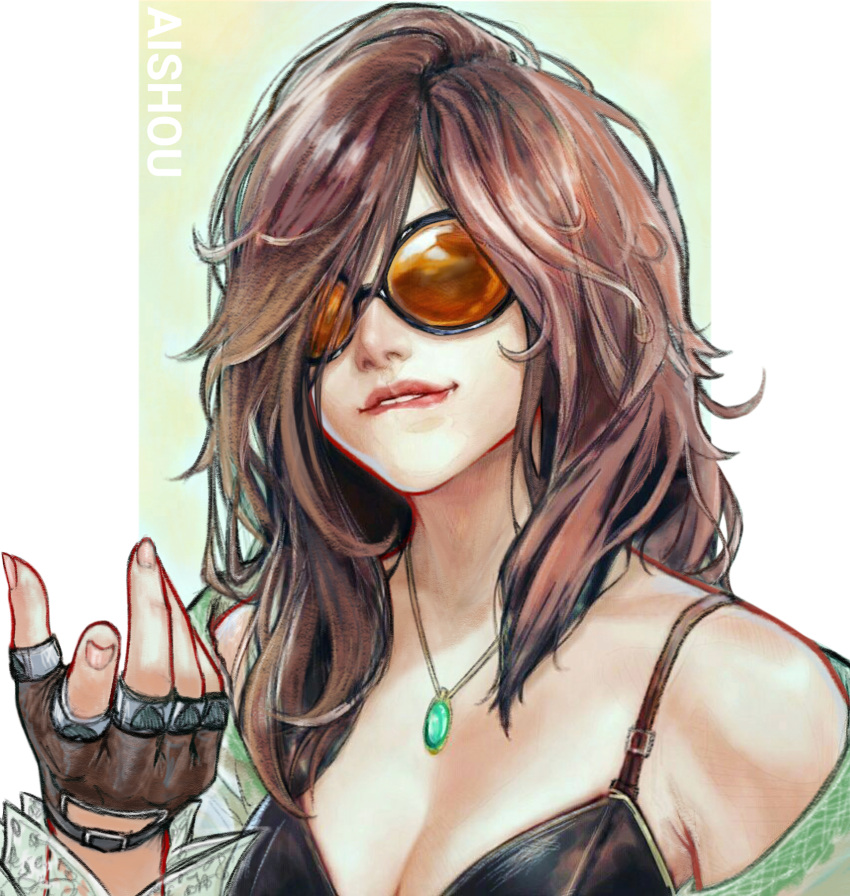 1girl ai_shou artist_name bare_shoulders black_bra border bra breasts brown_hair cleavage close-up green_background hand_up highres jacket jewelry katarina_alves lips long_hair necklace smile solo sunglasses tekken tekken_7 underwear white_border