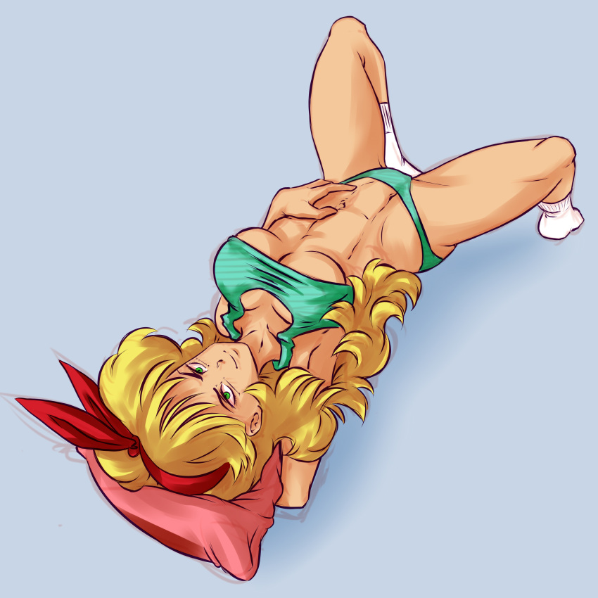 1girl absurdres aqua_eyes aqua_panties aqua_tank_top arm_behind_head armpits blonde_hair blue_background breasts cleavage dragon_ball english_commentary hair_ribbon hand_on_own_stomach highres long_hair looking_at_viewer lunch_(dragon_ball) lying medium_breasts navel on_back panties pillow plague_of_gripes red_ribbon ribbon simple_background smile smirk socks solo spread_legs thighs underwear underwear_only white_socks