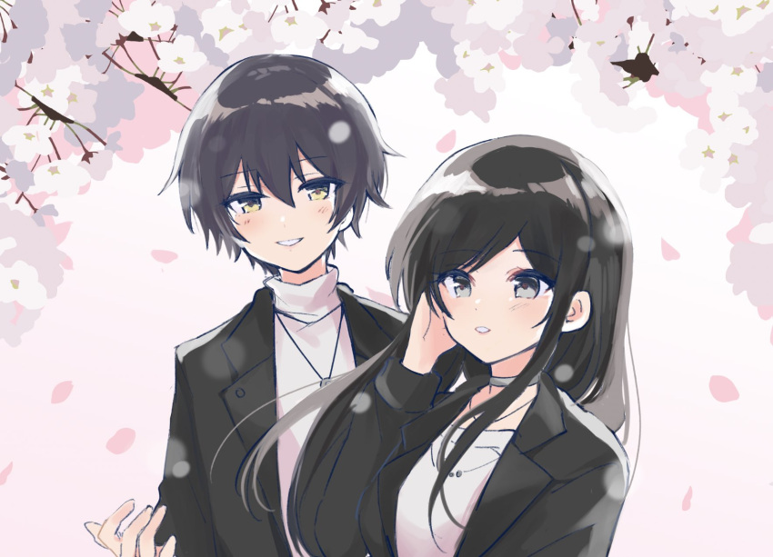 2girls aoyagi_tsubaki black_jacket blush cherry_blossoms commentary d4dj falling_petals grey_choker grey_eyes hashtag-only_commentary highres jacket jewelry long_hair long_sleeves minari_(a25506767) miyake_aoi multiple_girls necklace open_clothes open_jacket open_mouth petals shirt short_hair sidelocks tucking_hair upper_body white_shirt yellow_eyes