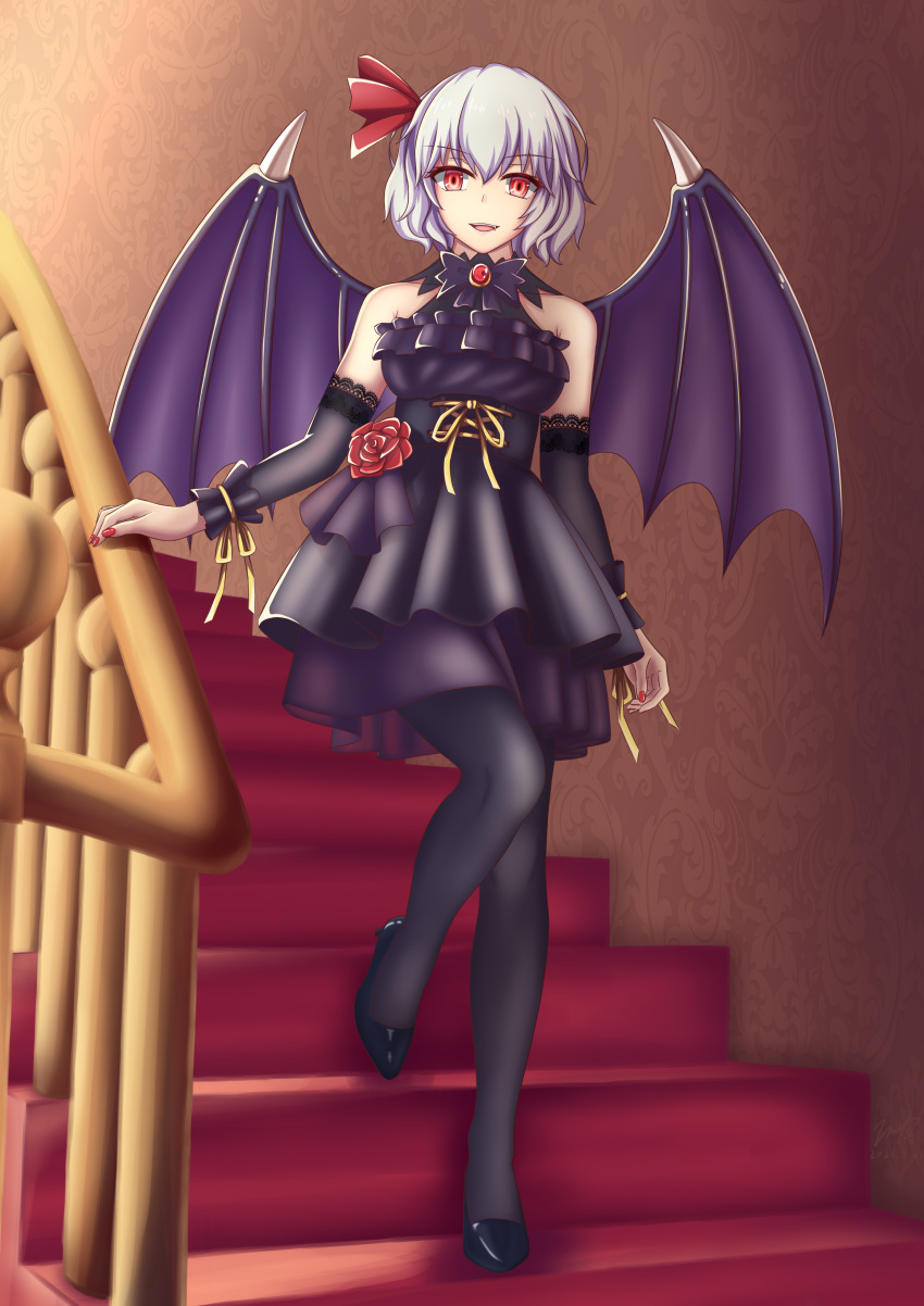 1girl absurdres alternate_costume bat_wings black_dress black_footwear black_pantyhose breasts dress elbow_gloves fang flower gloves hair_between_eyes highres indoors looking_at_viewer medium_hair nail_polish no_headwear off-shoulder_shirt off_shoulder on_stairs open_mouth pantyhose piaoluo_de_ying_huaban purple_hair red_eyes red_flower red_nails red_rose remilia_scarlet ribbon rose shirt small_breasts solo stairs touhou walking wings yellow_ribbon