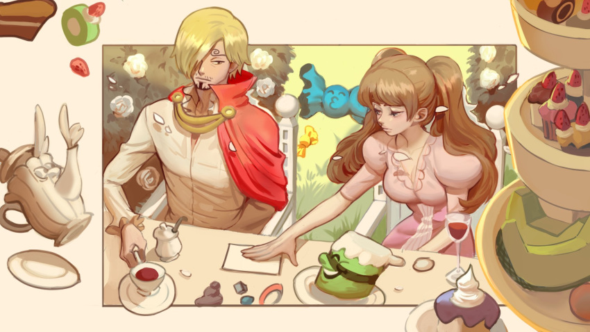 1boy 1girl blonde_hair blue_eyes breasts brown_hair cake candy cape chair charlotte_pudding closed_mouth commentary_request cup cupcake curly_eyebrows dress drinking_glass facial_hair flower food fruit goatee highres holding holding_cup lips long_hair long_sleeves official_alternate_costume one_piece pink_dress plate red_cape rita_ya sanji_(one_piece) short_hair sitting smile strawberry table teacup teapot twintails