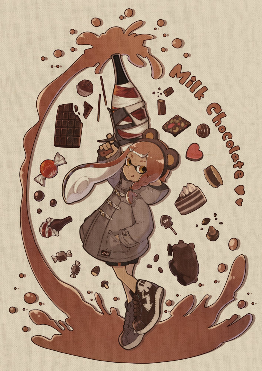 1girl bear braid brown_hair cake cake_slice candy chestnut chocolate coat commentary_request english_text food full_body grey_coat hand_in_pocket hanokage heart heart-shaped_chocolate highres inkling_girl inkling_player_character licking_lips lollipop long_hair looking_at_viewer macaron muffin mushroom pocky single_braid solo splatoon_(series) splatoon_3 squeezer_(splatoon) tentacle_hair tongue tongue_out wrapped_candy