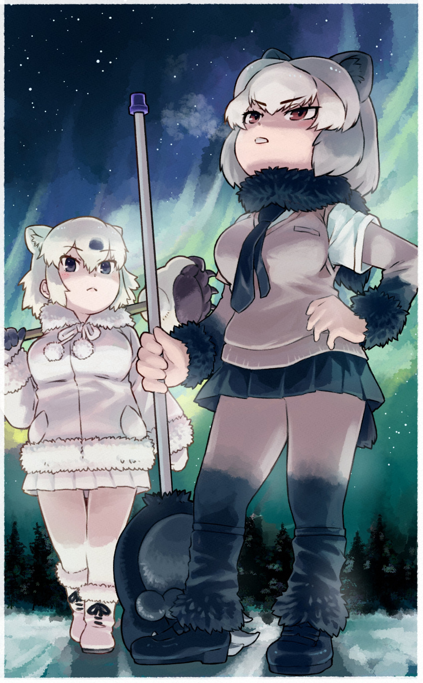 2girls :&lt; absurdres animal_ears aurora bear_ears bear_girl bear_tail black_eyes black_footwear black_fur black_gloves black_hair black_necktie black_pantyhose black_skirt black_sleeves black_socks boots bow bowtie brown_pantyhose brown_sleeves brown_vest coat extra_ears forest fur_collar fur_trim gloves gradient_legwear gradient_sleeves grey_hair grizzly_bear_(kemono_friends) hair_between_eyes highres kemono_friends light_brown_hair loafers long_sleeves multicolored_hair multiple_girls nature necktie night night_sky orange_eyes pantyhose paw_stick pleated_skirt polar_bear_(kemono_friends) shirt shoes short_hair sidelocks skirt sky sleeveless snow socks t-shirt tail toriny two-tone_gloves two-tone_hair vest white_bow white_bowtie white_coat white_footwear white_fur white_gloves white_hair white_pantyhose white_shirt white_skirt winter_clothes winter_coat