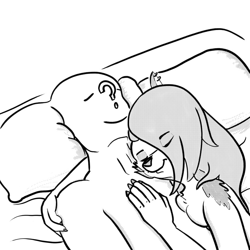 anon anthro arm_tuft bed breast_squish breasts canid canid_demon canine canis demon duo ear_piercing eyes_closed female fur furniture grey_body grey_fur hair half_dime hand_on_chest hellhound helluva_boss hi_res holding_partner hug human long_hair loona_(helluva_boss) lying male mammal mythological_canine mythological_creature mythology nude piercing shoulder_tuft sleeping smile smiling_at_partner squish tuft white_body white_fur wolf