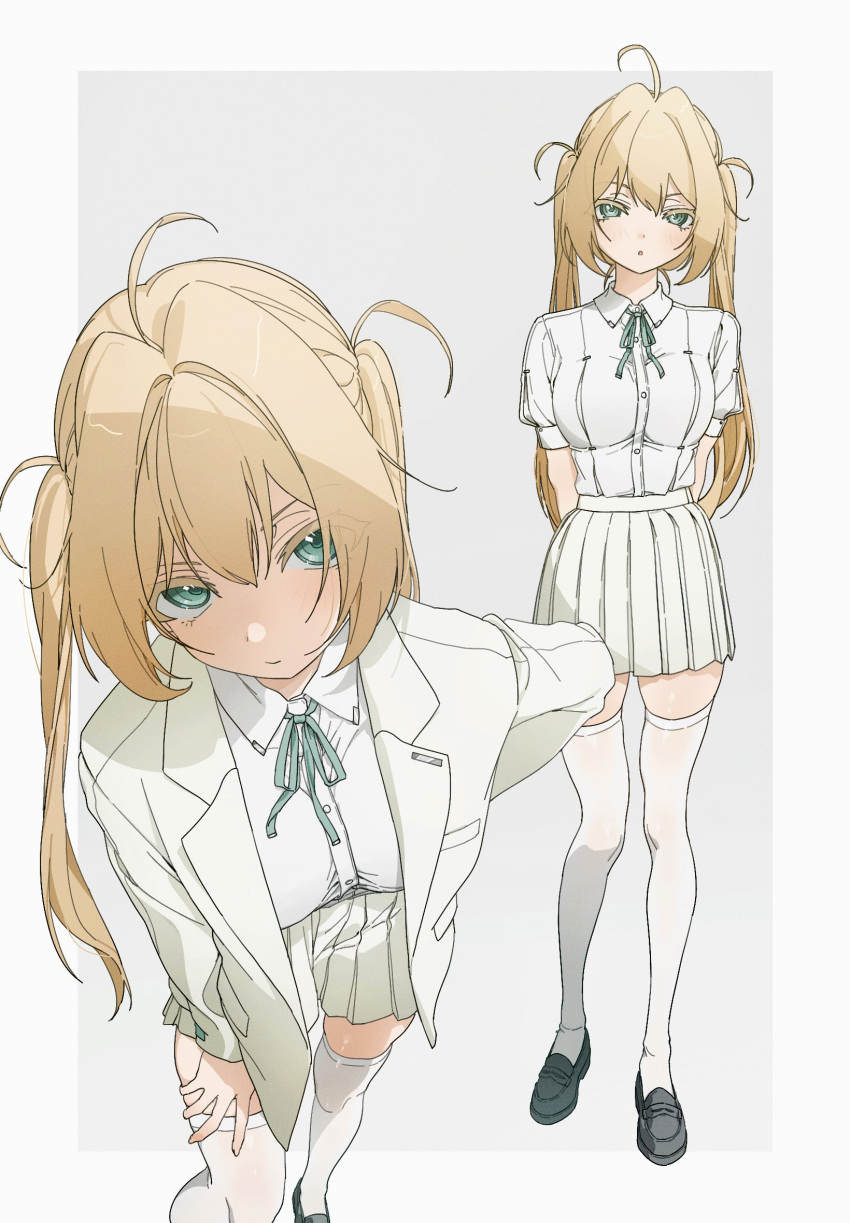 1girl ahoge blonde_hair blush breasts collared_shirt expressionless full_body green_eyes highres jacket large_breasts leaning_forward loafers long_hair looking_at_viewer multiple_boys neck_ribbon open_clothes open_jacket original pleated_skirt ribbon school_uniform shirt shoes skindentation skirt thighhighs twintails usurai_rairai white_jacket white_shirt white_skirt white_thighhighs zettai_ryouiki