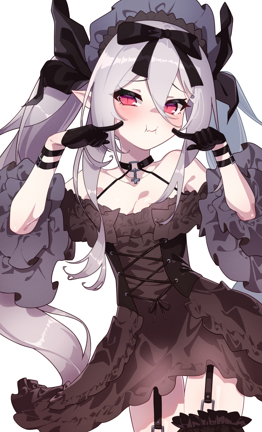 1girl absurdres azur_lane bare_shoulders black_bow black_corset black_dress black_gloves black_ribbon black_thighhighs blush bow breasts choker cleavage collarbone commentary contrapposto corset cross dress embarrassed finger_to_cheek frilled_dress frills garter_straps gloves grey_hair hair_between_eyes hair_bow hair_ribbon halterneck head_tilt headdress highres inverted_cross long_hair looking_at_viewer marimo_daifuku o-ring o-ring_choker pointy_ears pout red_eyes ribbon simple_background slit_pupils small_breasts solo standing thigh_gap thighhighs twintails vampire_(azur_lane) vampire_(meta)_(azur_lane) very_long_hair white_background wrist_straps