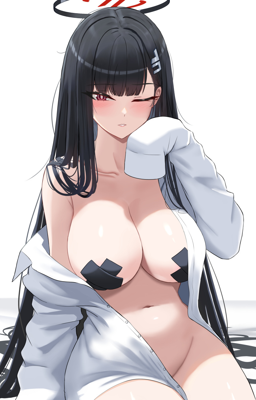 1girl absurdres areola_slip bare_shoulders black_hair black_halo black_pasties blue_archive blush bottomless breasts collarbone commentary_request cross_pasties hair_ornament hairpin halo hand_up highres large_breasts long_hair navel one_eye_closed pasties red_eyes rio_(blue_archive) s_redbutterfly shirt single_off_shoulder sitting sleeves_past_fingers sleeves_past_wrists solo stomach thighs white_shirt