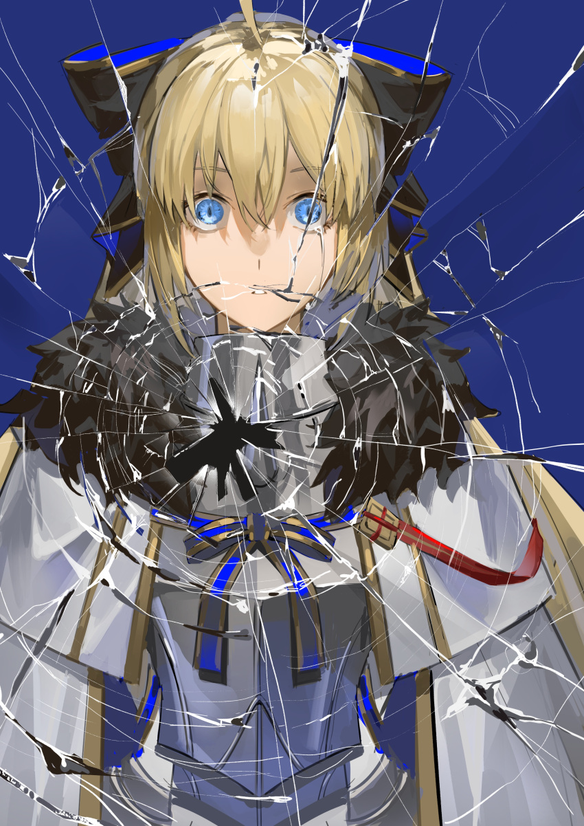 1girl absurdres ahoge armor armored_dress black_bow blonde_hair blue_background blue_ribbon bow breastplate broken_glass cape crying crying_with_eyes_open english_commentary fate/grand_order fate_(series) fur-trimmed_cape fur_trim glass gold_trim hair_between_eyes hair_bow high_ponytail highres long_hair looking_at_viewer parted_lips ponytail ribbon shattered simple_background single_tear solo spiked_armor striped_ribbon tears tonelico_(fate) tonelico_(second_ascension)_(fate) two-sided_bow upper_body white_cape wide-eyed yoru_yoru13