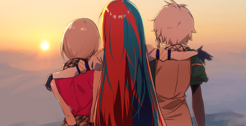 1boy 2girls ahonoko alear_(female)_(fire_emblem) alear_(fire_emblem) arm_on_another's_shoulder blonde_hair blue_hair clanne_(fire_emblem) fire_emblem fire_emblem_engage framme_(fire_emblem) from_behind highres multicolored_hair multiple_girls red_hair siblings split-color_hair sunset twins two-tone_hair
