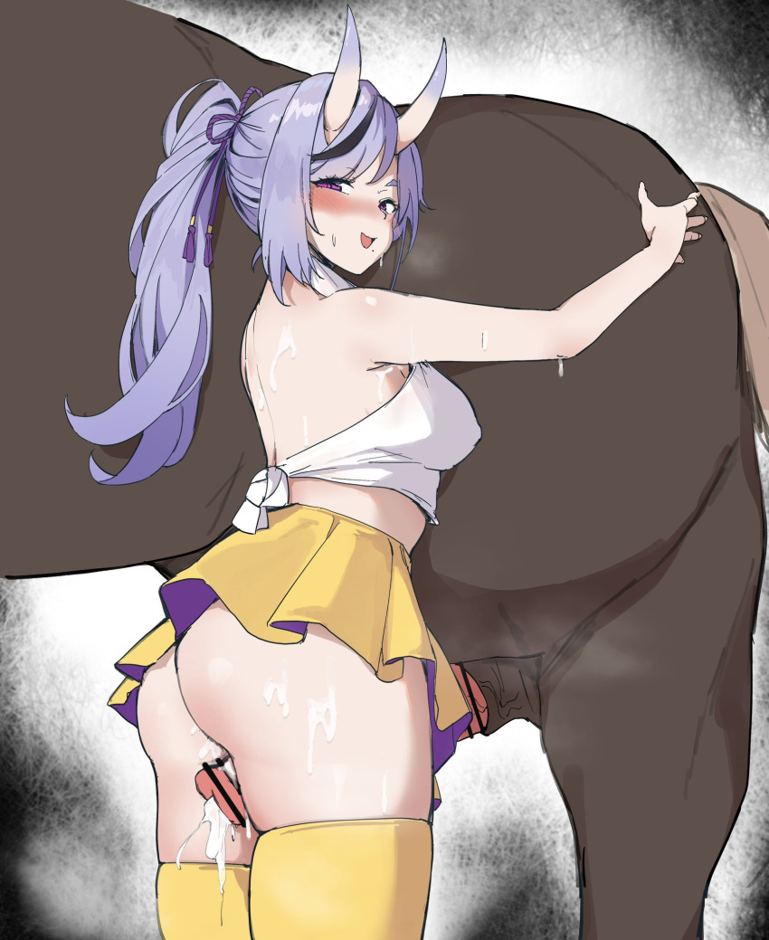 1girl alternate_costume alternate_hairstyle ambulocetus animal_penis ass bestiality black_hair blush breasts covered_nipples cum cum_on_ass cum_on_legs from_below from_side gradient_horns hair_between_horns highres hikimayu horns horse horse_penis large_breasts long_hair looking_at_viewer mole mole_under_mouth multicolored_hair multicolored_horns nijisanji oni open_mouth penis pleated_skirt ponytail purple_eyes purple_hair rindou_mikoto short_eyebrows skin-covered_horns skindentation skirt smile solo streaked_hair sweat thick_eyebrows thick_thighs thigh_sex thighhighs thighs virtual_youtuber yellow_skirt yellow_thighhighs