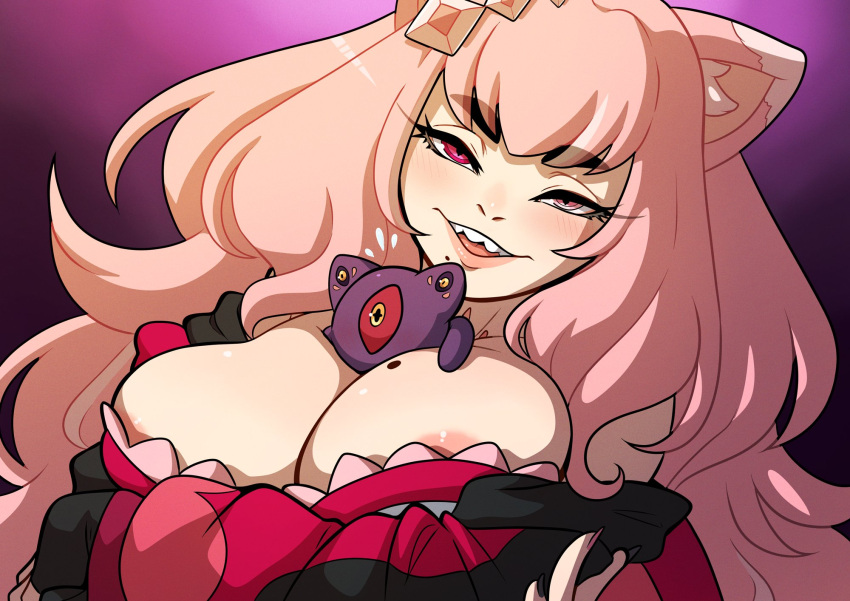1girl animal_ear_fluff animal_ears areola_slip blush breasts cat_ears cleavage commentary english_commentary half-closed_eyes heterochromia highres indie_virtual_youtuber kinkymation large_breasts lilyggoth lilyggoth_(nekomorph) mole mole_on_breast mole_under_mouth open_mouth pink_eyes pink_hair teeth upper_teeth_only virtual_youtuber