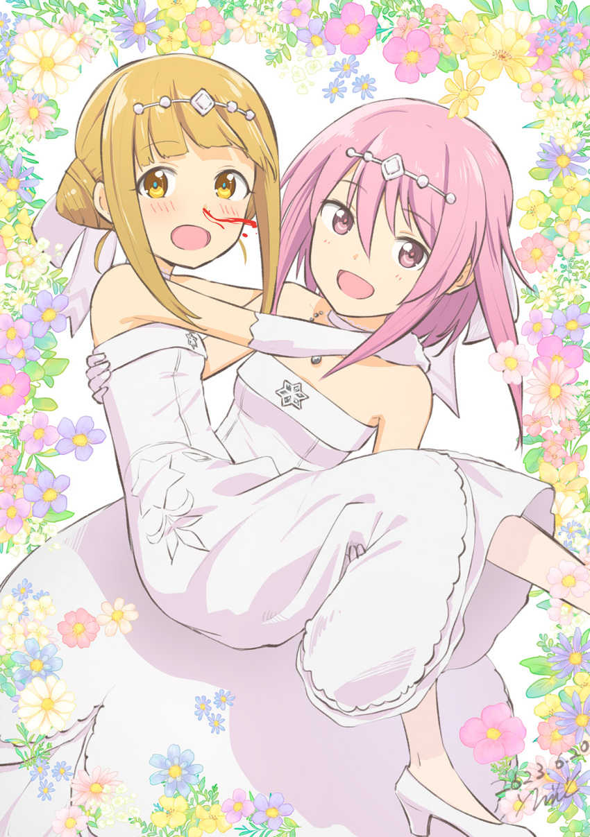 2girls alice_gear_aegis aroused_nosebleed bare_shoulders blonde_hair blood blush bridal_veil bride carrying carrying_person dress elbow_gloves errant gloves hair_bun high_heels highres hirasaka_yotsuyu holding looking_at_viewer multiple_girls nosebleed open_mouth pink_hair princess_carry purple_eyes purple_hair short_hair smile standing takahata_nodoka veil wedding_dress white_dress white_gloves wife_and_wife yuri