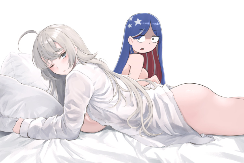 2girls ahoge blue_hair bottomless breasts dress_shirt grey_eyes grey_hair kantai_collection large_breasts long_hair lying multicolored_hair multiple_girls naked_shirt no_bra odachu on_stomach one_eye_closed open_clothes open_shirt red_hair shirt south_dakota_(kancolle) star_(symbol) very_long_hair washington_(kancolle) white_hair white_shirt